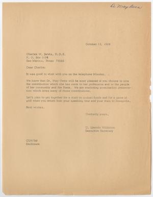 Primary view of object titled '[Letter from Mr. C. Lincoln Williston to Dr. Charles W. Jarvis, October 13, 1969]'.