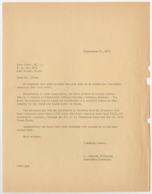 Primary view of object titled '[Letter from Mr. C. Lincoln Williston to Dr. May Owen, September 25, 1970]'.