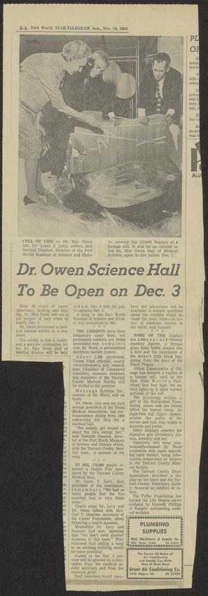 Primary view of object titled '[Newspaper Clipping: Dr. Owen Science Hall To Be Open on Dec. 3]'.