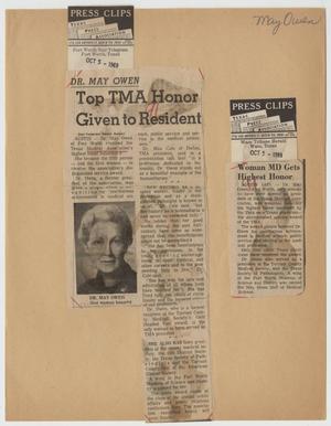 Primary view of object titled '[Newspaper clippings about Dr. May Owen receiving the Texas Medical Association Service Award]'.