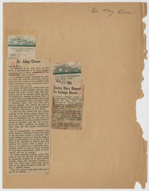 Primary view of object titled '[Newspaper clippings: Dr. May Owen named Texas Medical Association President and college board member]'.