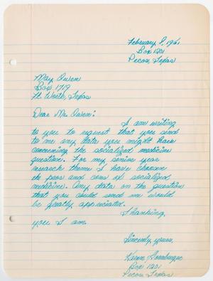 Primary view of object titled '[Letter from a student to Dr. May Owen, February 8, 1961]'.