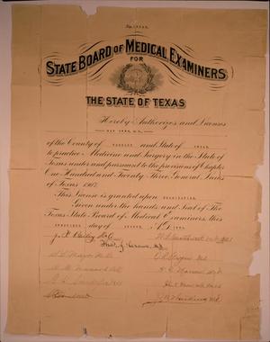 Primary view of object titled '[Negative copy of a photograph of Dr. May Owen's medical license]'.