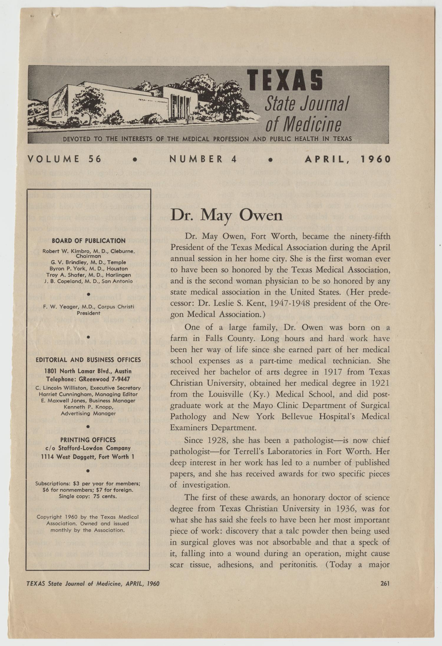 [Article: Dr. May Owen]
                                                
                                                    [Sequence #]: 1 of 4
                                                