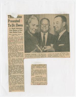 Primary view of object titled '[Newspaper Clipping: TMA Reins Presented To Dr. Owen]'.