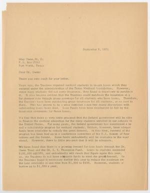 Primary view of object titled '[Letter from Mr. C. Lincoln Williston to Dr. May Owen, September 9, 1971]'.