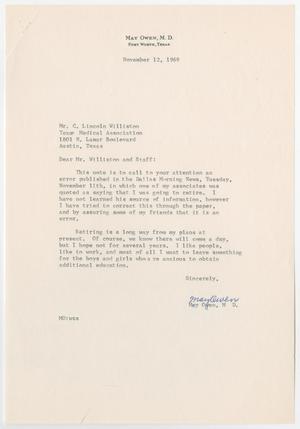 [Letter from Dr. May Owen to Mr. C. Lincoln Williston, November 12, 1969]