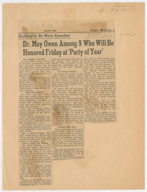 Primary view of object titled '[Newspaper Clipping: Dr. May Owen Among 9 Who Will Be Honored Friday at 'Party of Year']'.