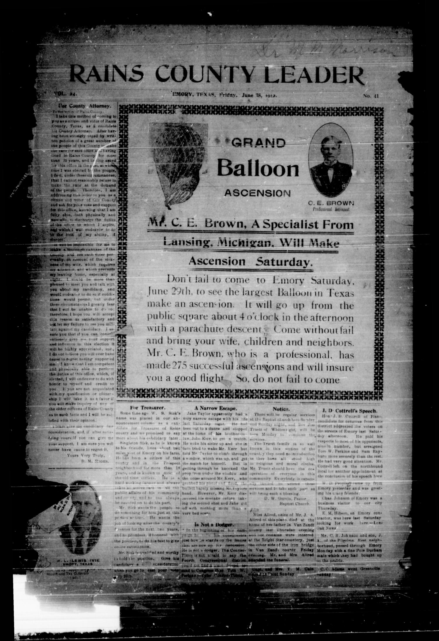 Rains County Leader (Emory, Tex.), Vol. 24, No. 41, Ed. 1 Friday, June 28, 1912
                                                
                                                    [Sequence #]: 1 of 15
                                                
