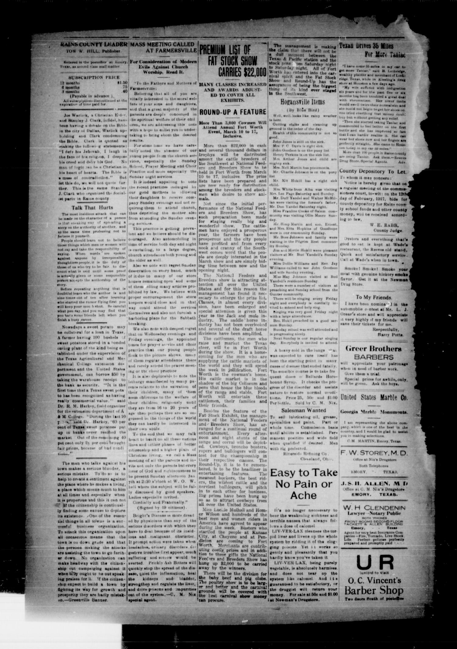 Rains County Leader (Emory, Tex.), Vol. 30, No. 5, Ed. 1 Friday, February 2, 1917
                                                
                                                    [Sequence #]: 8 of 8
                                                
