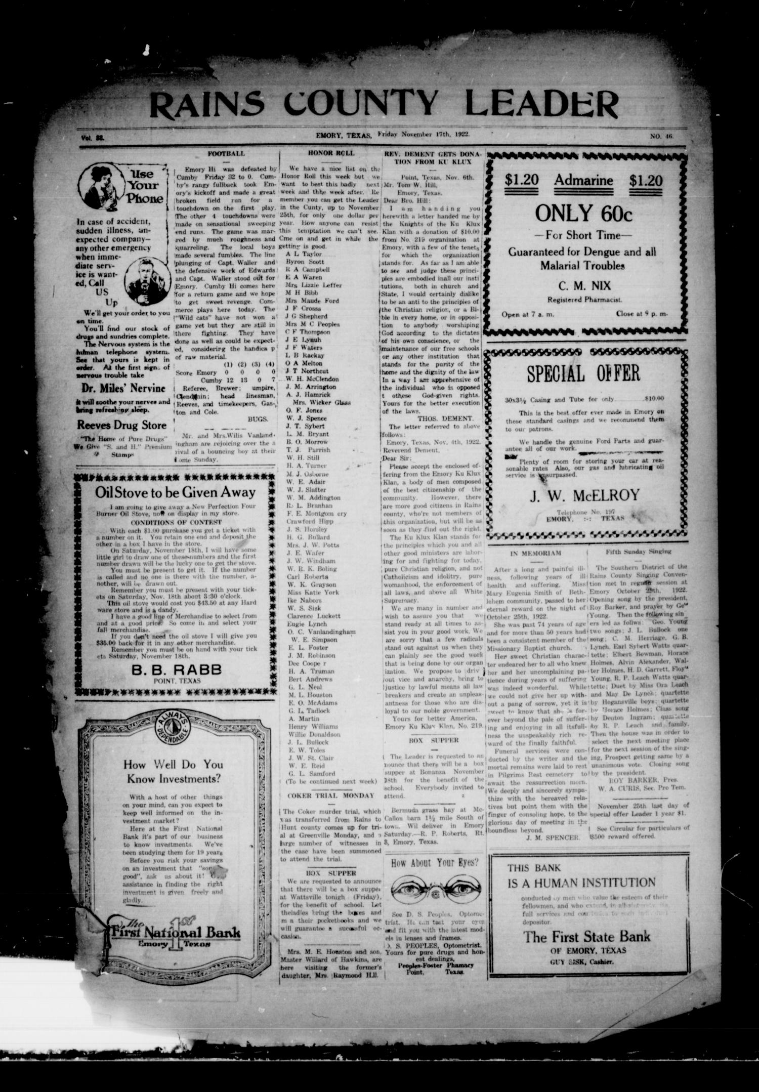 Rains County Leader (Emory, Tex.), Vol. 33, No. 46, Ed. 1 Friday, November 17, 1922
                                                
                                                    [Sequence #]: 1 of 3
                                                