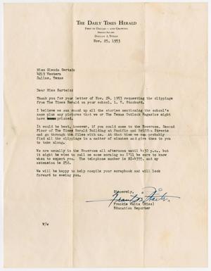 Primary view of object titled '[Letter from Miss Frankie Waits to Miss Glenda Sartain, November 25, 1953]'.