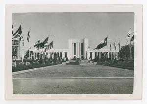 Primary view of object titled '[Photograph of Texas Fair Hall of State and Esplanade Fountain]'.