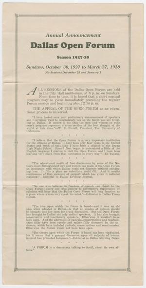 Dallas Open Forum Annual Announcement, 1927-1928