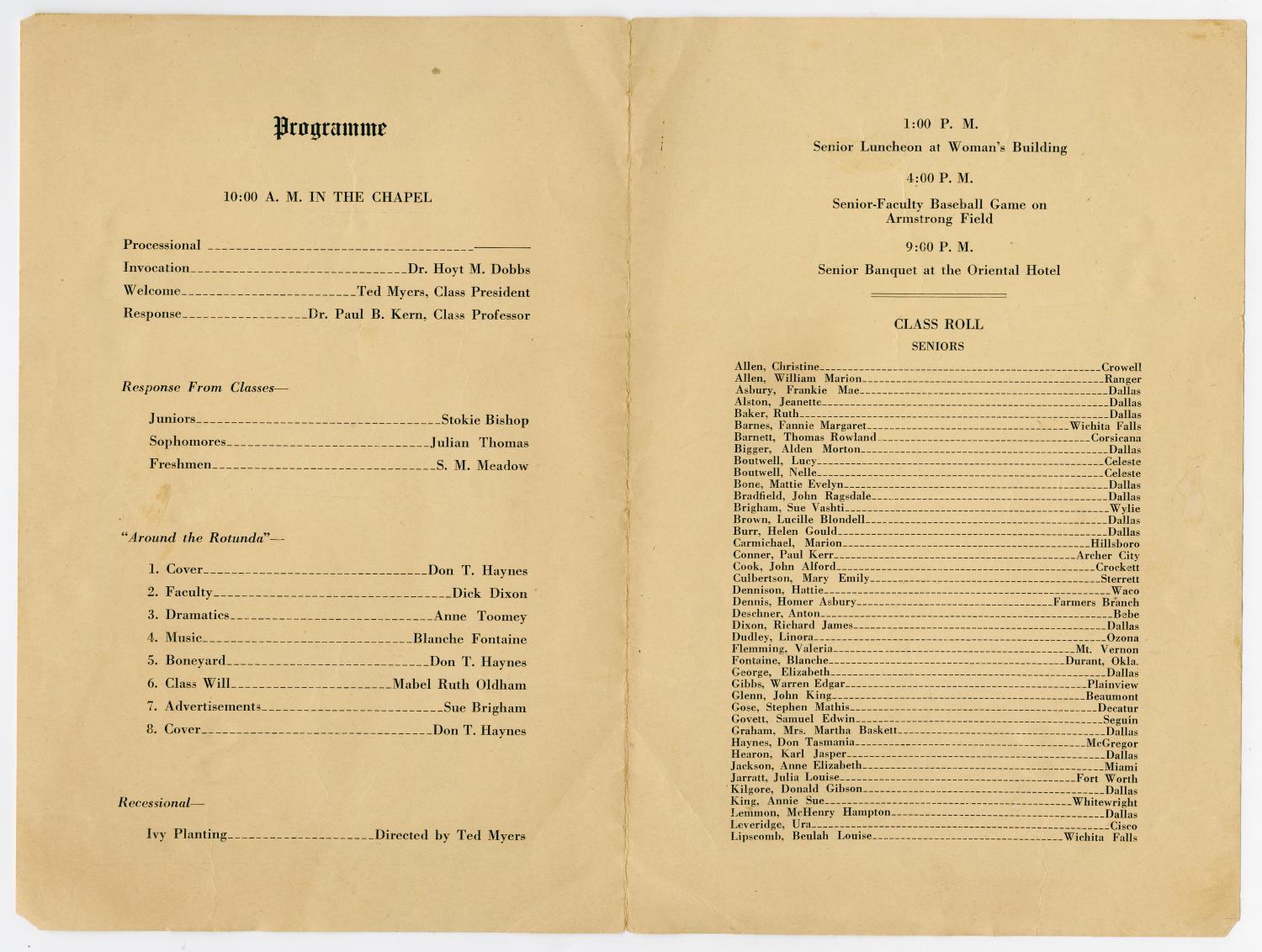 [Program: Southern Methodist University Recognition Day, May 18, 1920]
                                                
                                                    [Sequence #]: 2 of 3
                                                