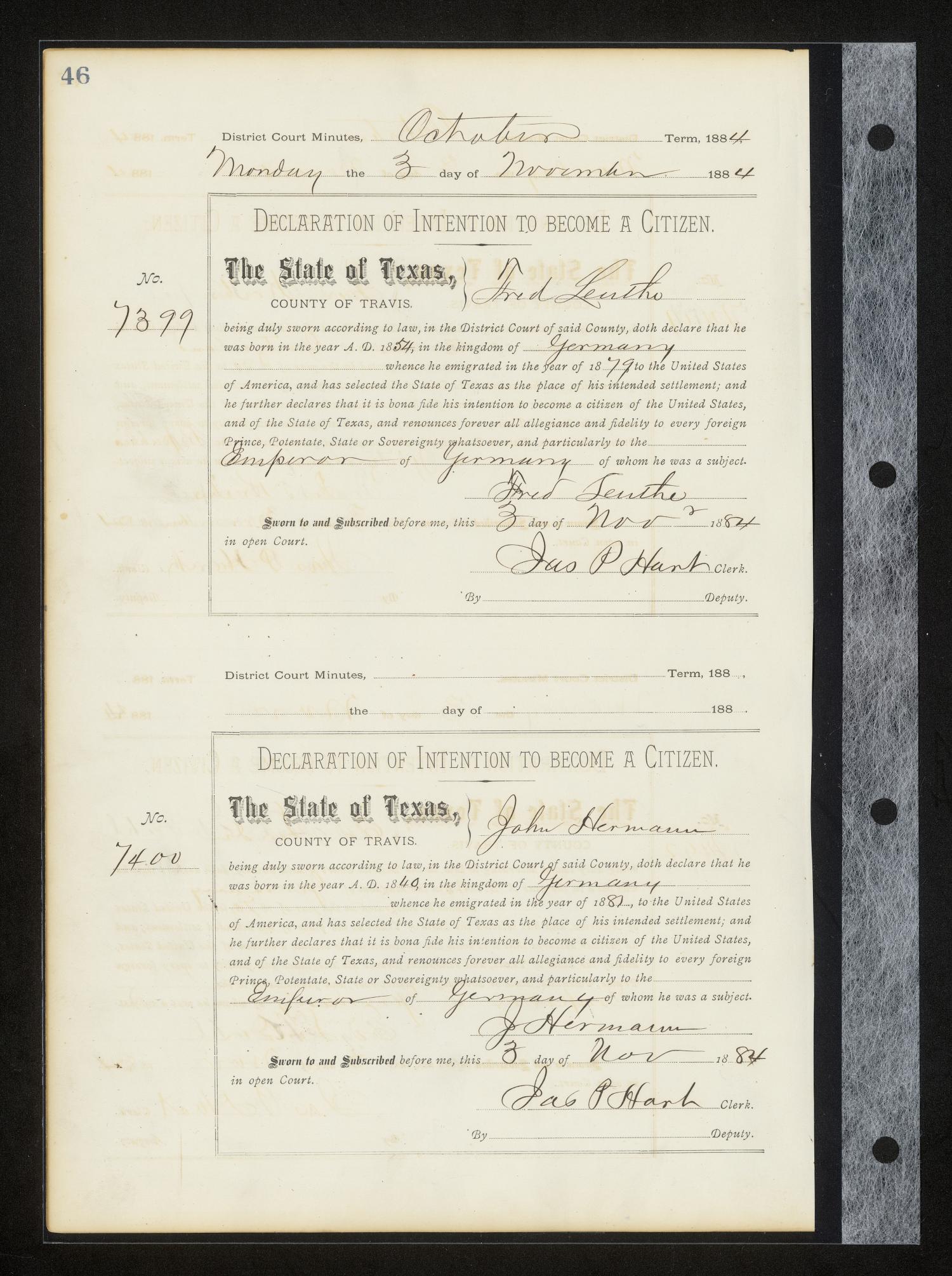 Travis County Naturalization Records: Declaration Minutes A, pages 1-208
                                                
                                                    46
                                                