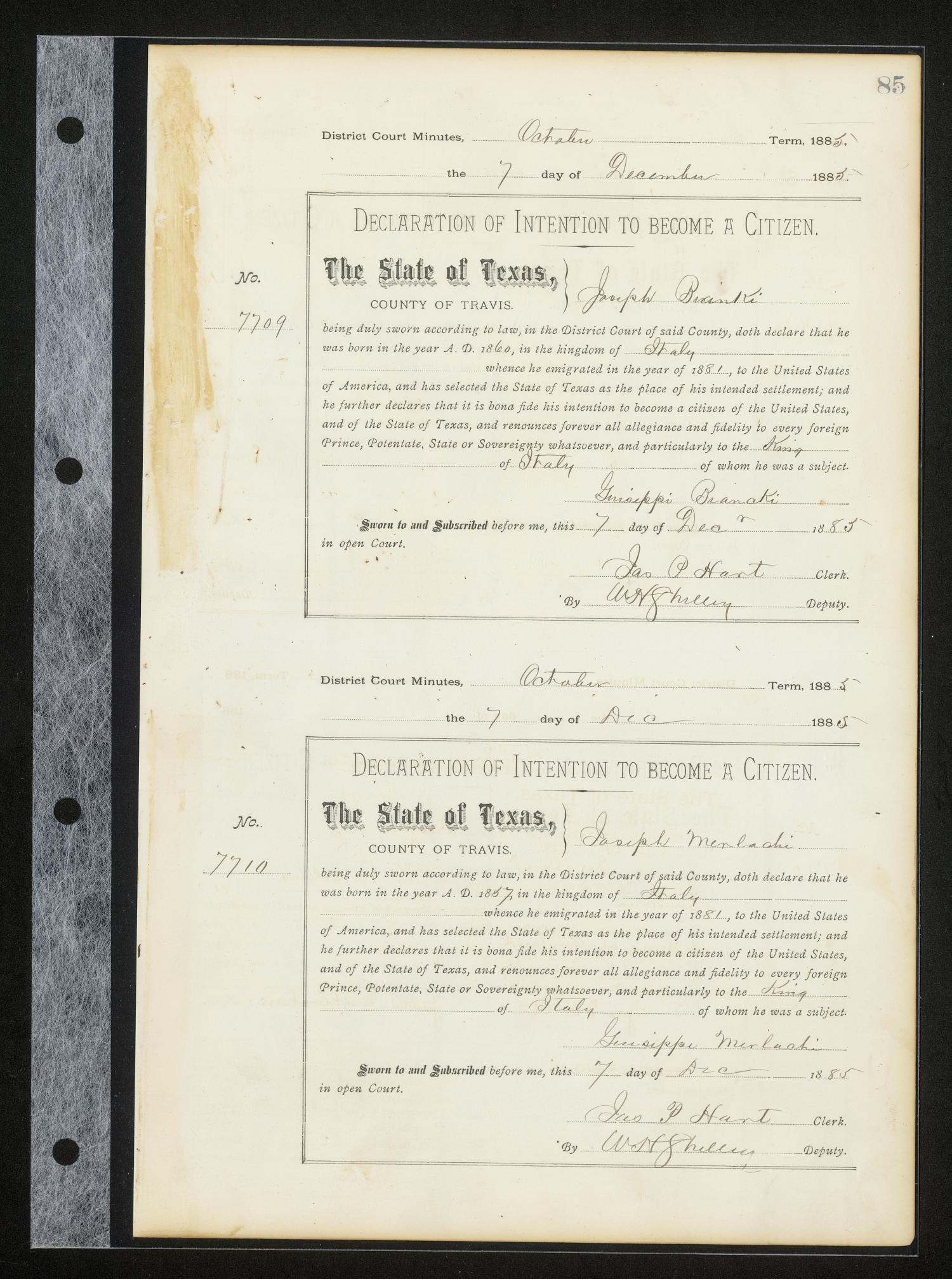 Travis County Naturalization Records: Declaration Minutes A, pages 1-208
                                                
                                                    85
                                                