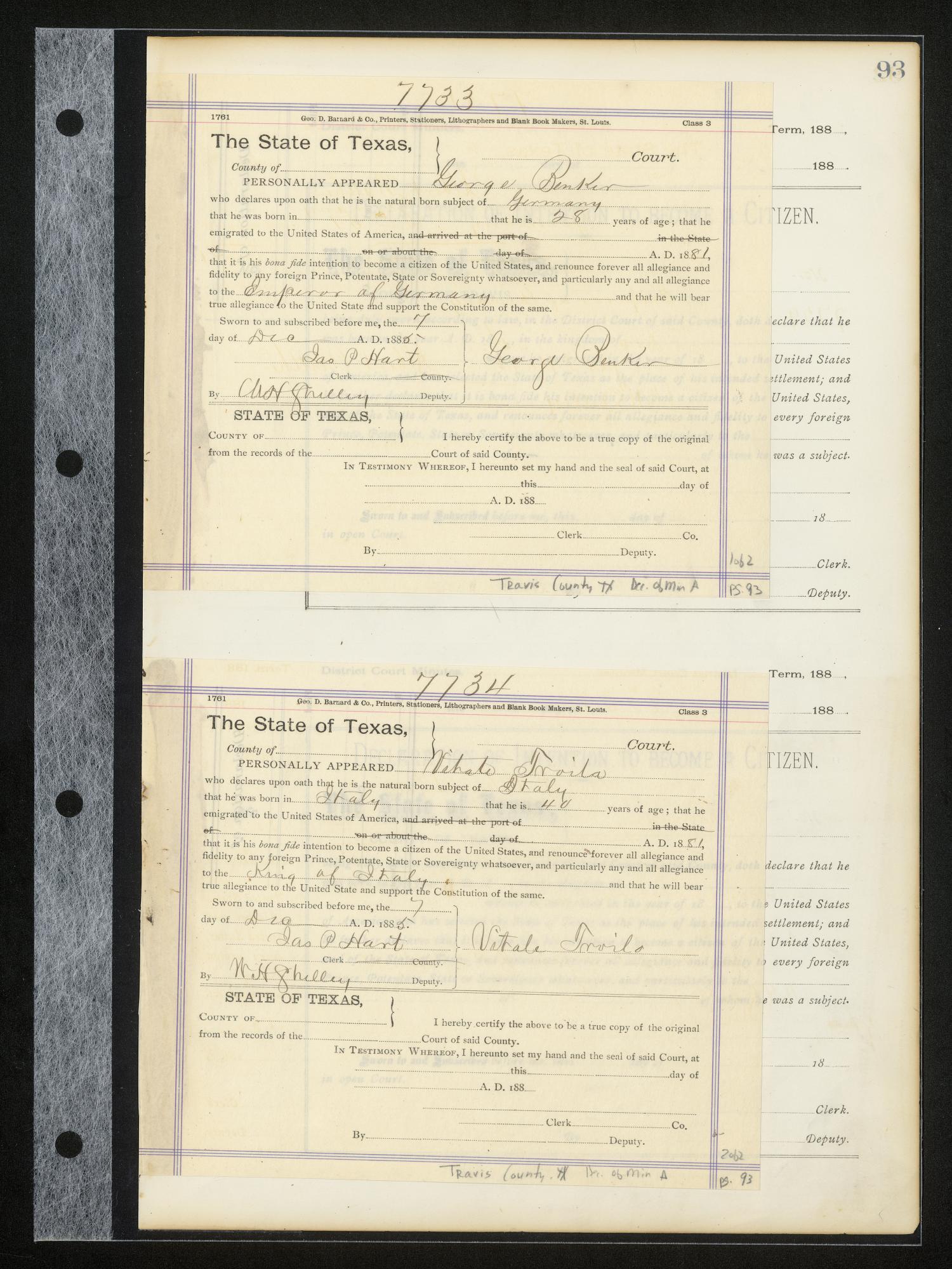 Travis County Naturalization Records: Declaration Minutes A, pages 1-208
                                                
                                                    93
                                                