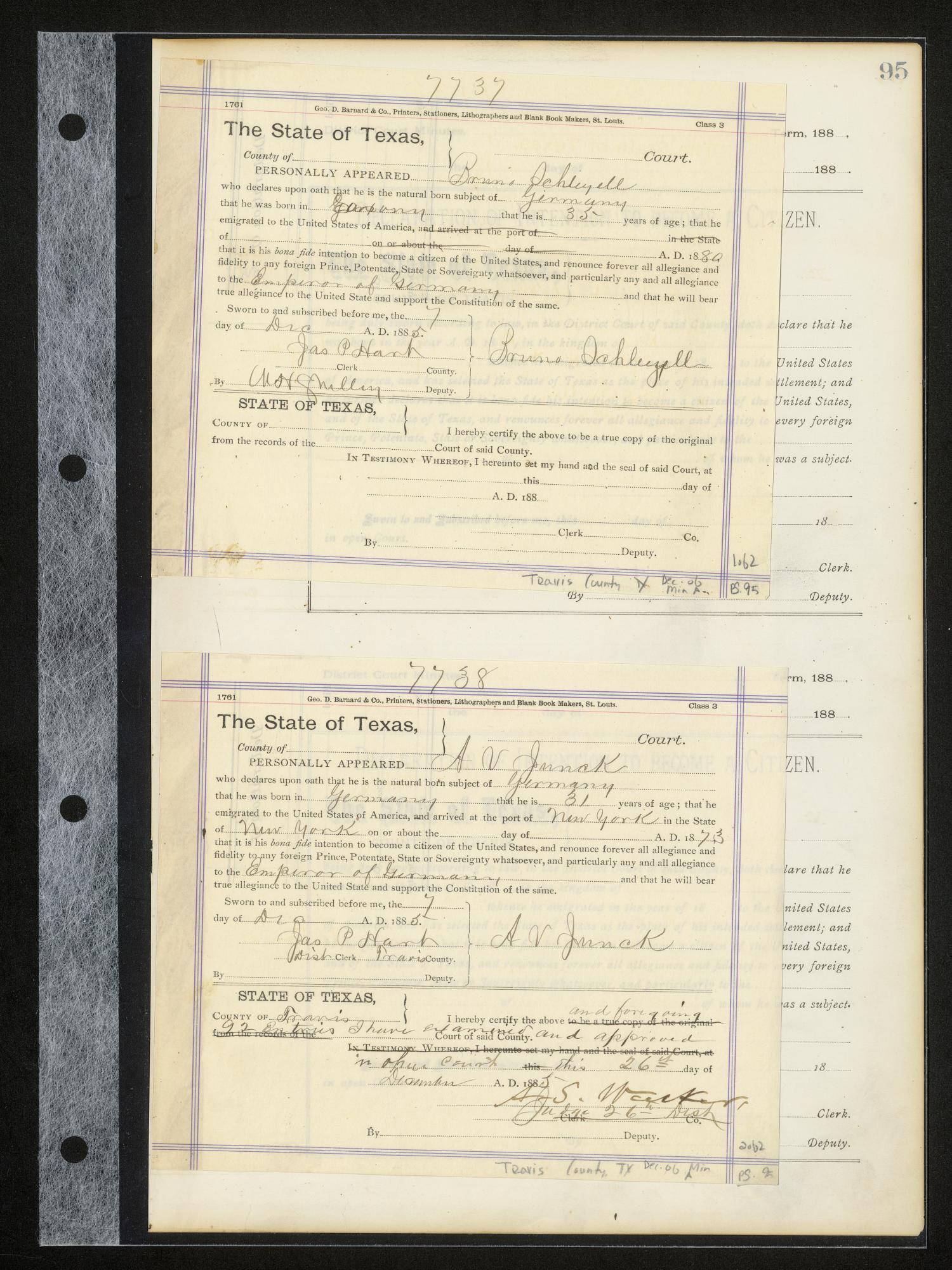 Travis County Naturalization Records: Declaration Minutes A, pages 1-208
                                                
                                                    95
                                                