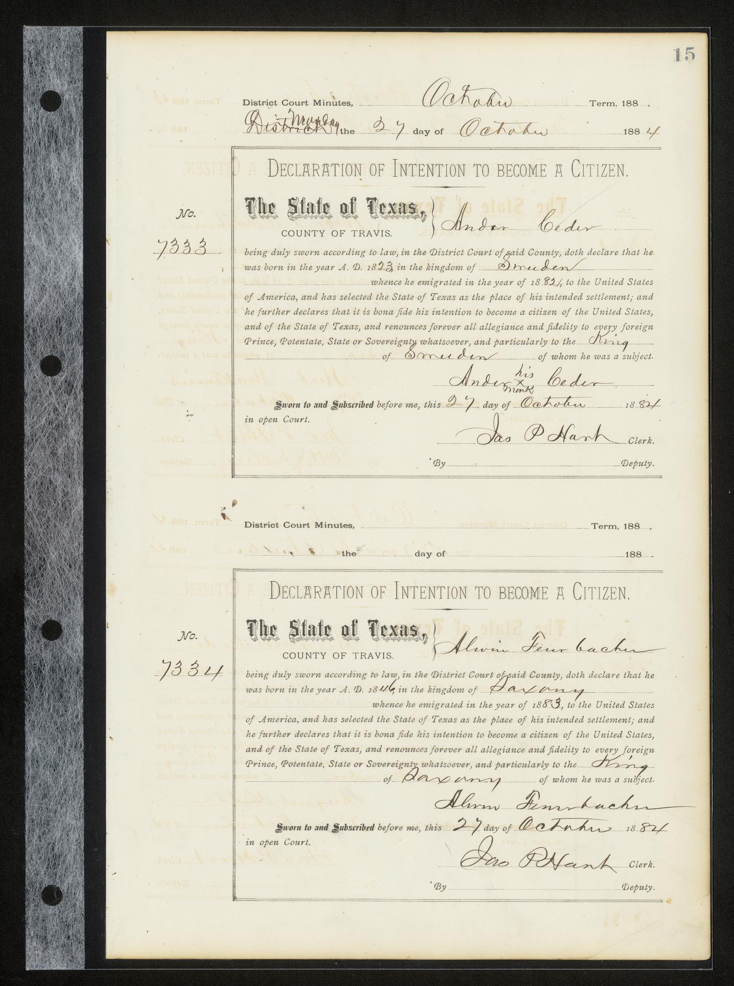Travis County Naturalization Records: Declaration Minutes A, pages 1-208
                                                
                                                    15
                                                