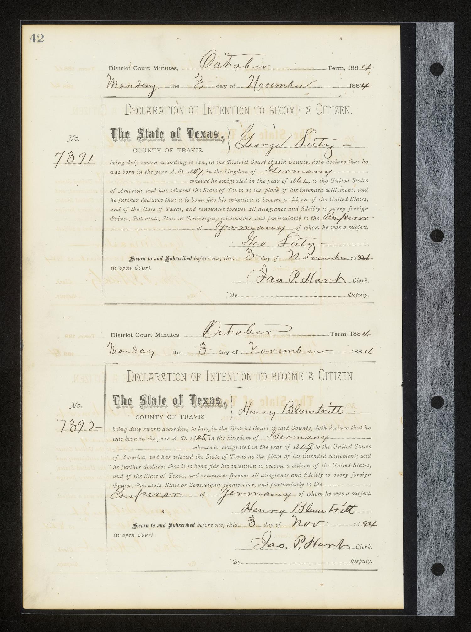 Travis County Naturalization Records: Declaration Minutes A, pages 1-208
                                                
                                                    42
                                                