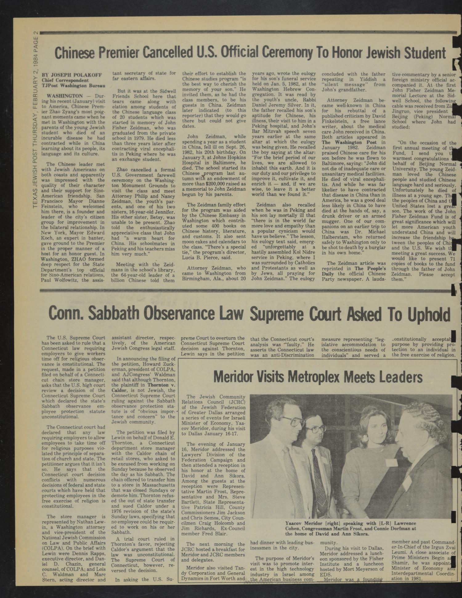 Texas Jewish Post (Fort Worth, Tex.), Vol. 38, No. 5, Ed. 1 Thursday, February 2, 1984
                                                
                                                    [Sequence #]: 2 of 24
                                                