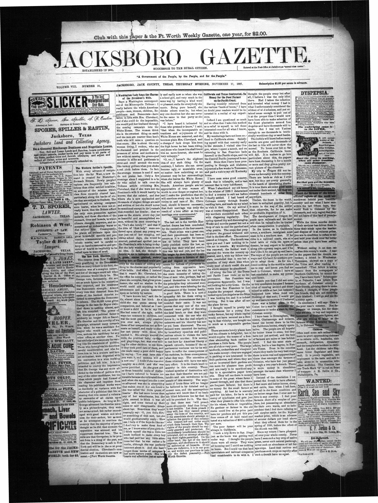 Jacksboro Gazette. (Jacksboro, Tex.), Vol. 8, No. 20, Ed. 1 Thursday, November 17, 1887
                                                
                                                    [Sequence #]: 1 of 4
                                                