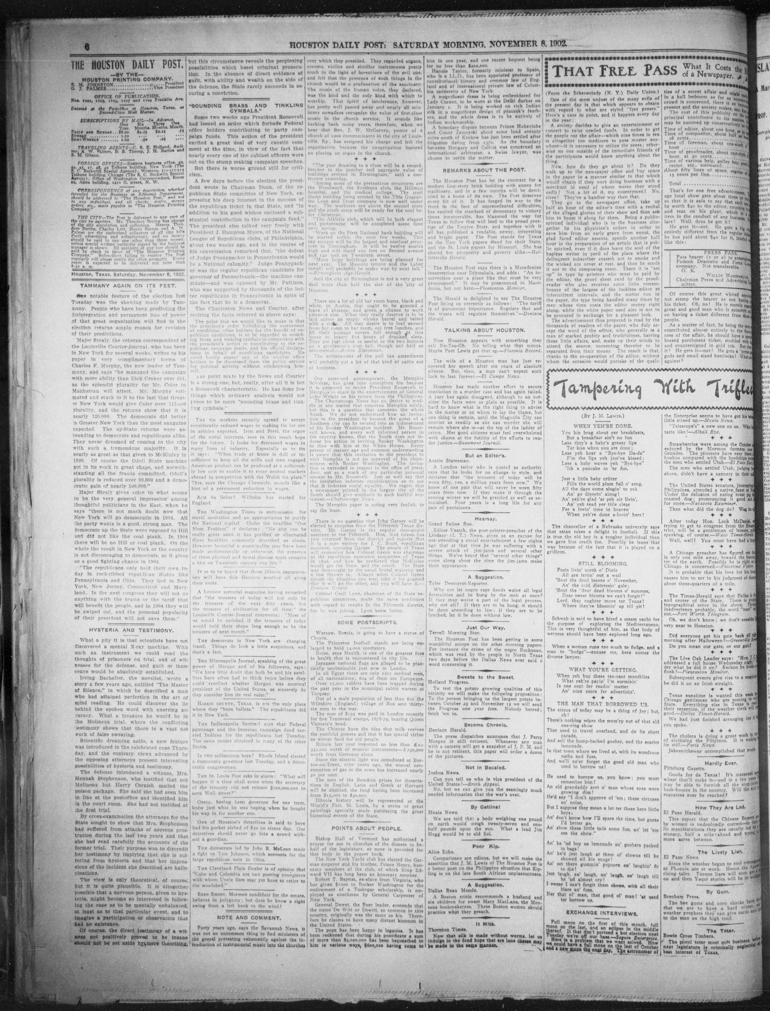 The Houston Daily Post (Houston, Tex.), Vol. XVIIIth Year, No. 218, Ed. 1, Saturday, November 8, 1902
                                                
                                                    [Sequence #]: 4 of 10
                                                