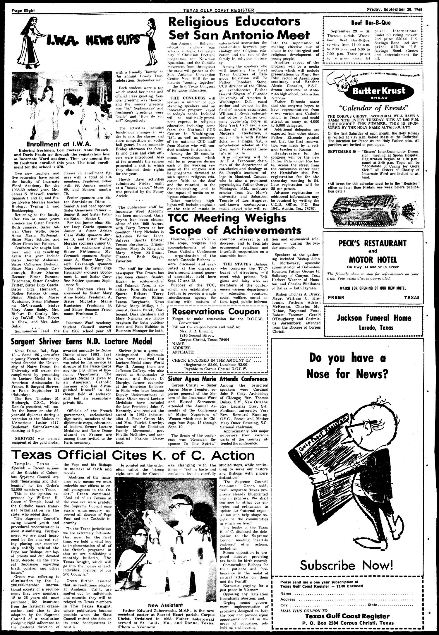 Texas Gulf Coast Register (Corpus Christi, Tex.), Vol. 3, No. 23, Ed. 1 Friday, September 20, 1968
                                                
                                                    [Sequence #]: 8 of 8
                                                