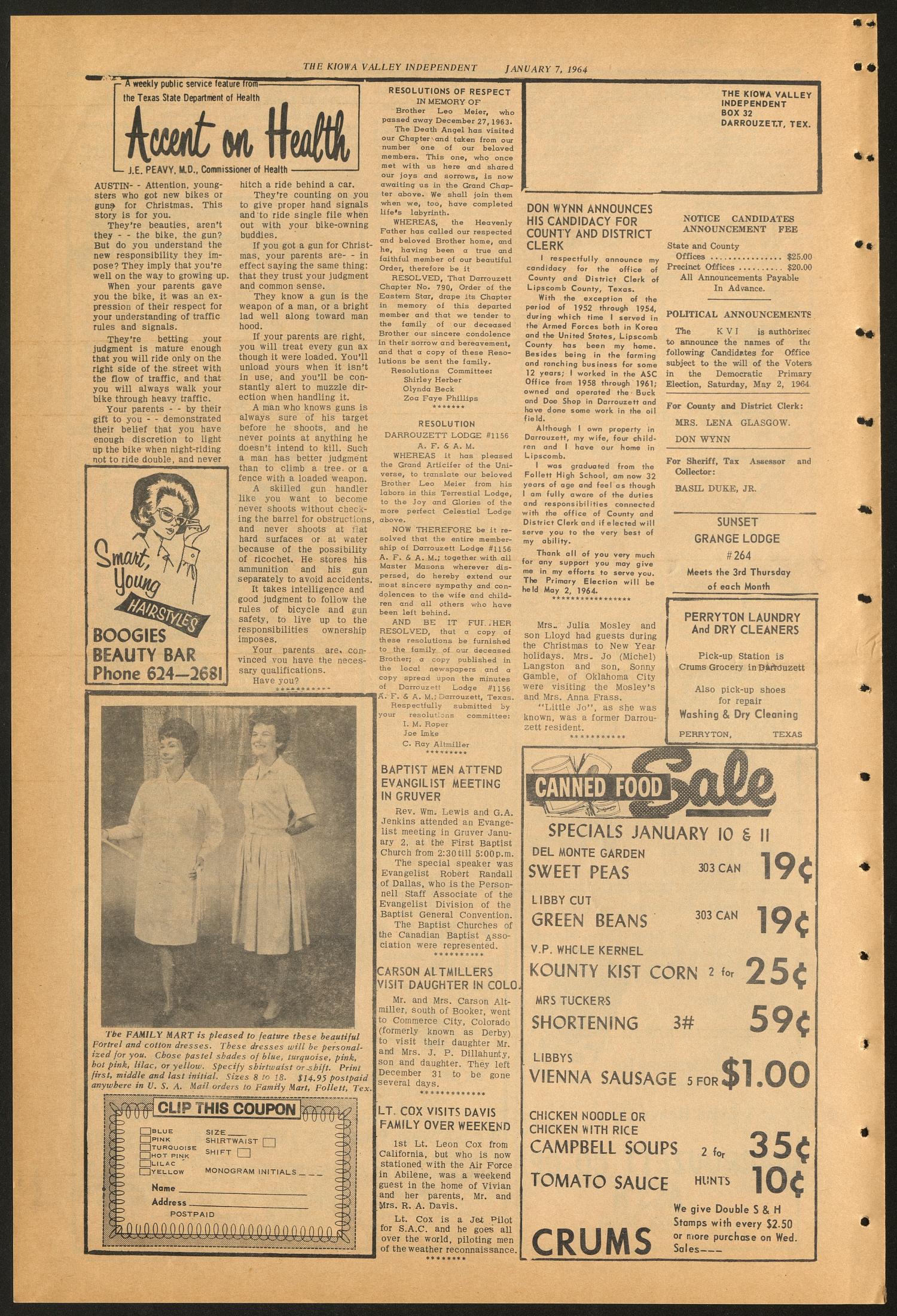 The Kiowa Valley Independent (Darrouzett, Tex.), Vol. 2, No. 15, Ed. 1 Tuesday, January 7, 1964
                                                
                                                    [Sequence #]: 4 of 4
                                                