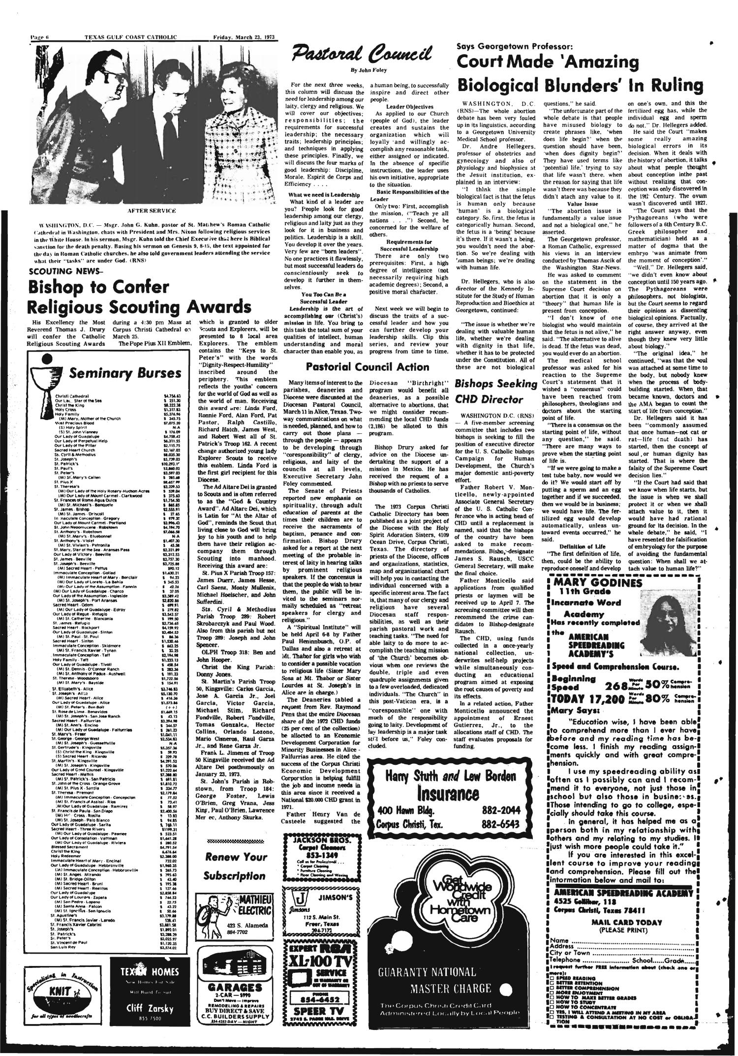 Texas Gulf Coast Catholic (Corpus Christi, Tex.), Vol. 3, No. 45, Ed. 1 Friday, March 23, 1973
                                                
                                                    [Sequence #]: 6 of 6
                                                