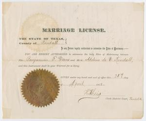 Primary view of object titled '[Marriage License: Benjamin F Dane and Adeline de V. Kendall, April 24, 1873]'.