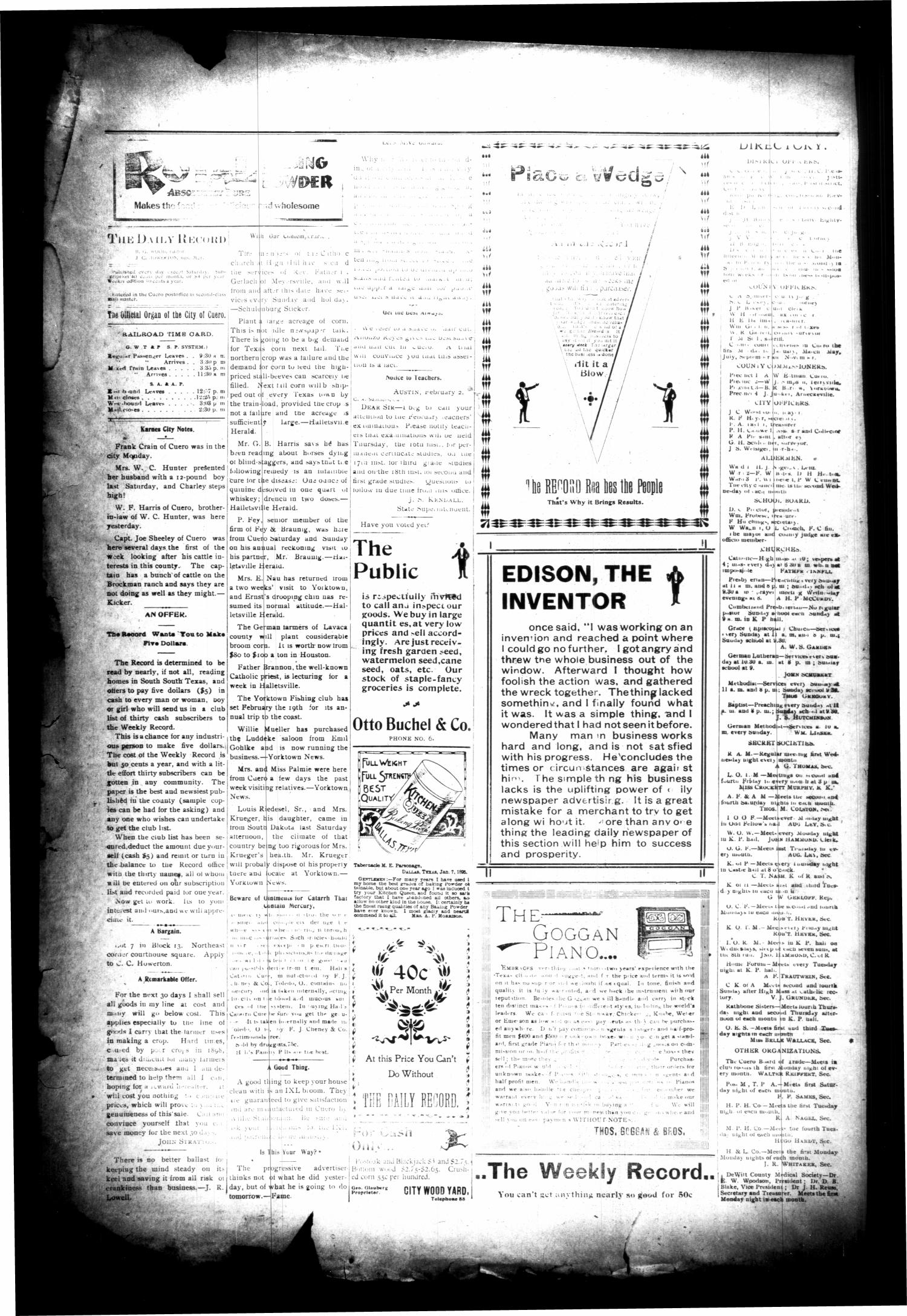 The Cuero Daily Record. (Cuero, Tex.), Vol. 10, No. 35, Ed. 1 Friday, February 10, 1899
                                                
                                                    [Sequence #]: 4 of 8
                                                