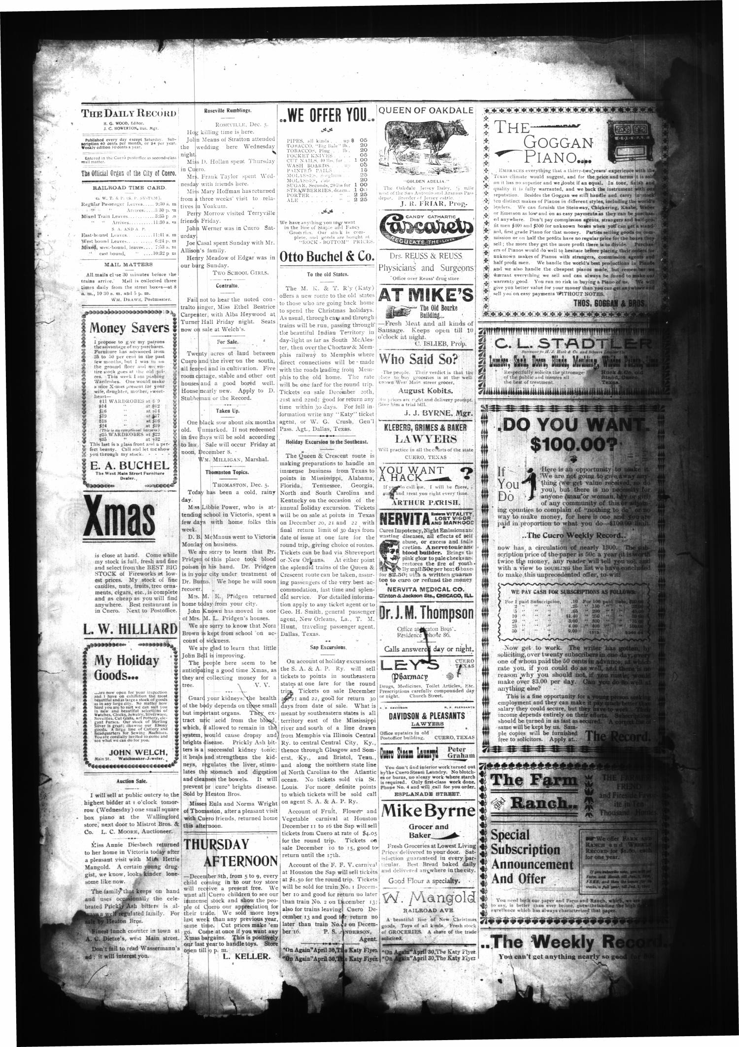 The Cuero Daily Record. (Cuero, Tex.), Vol. 11, No. 116, Ed. 1 Tuesday, December 5, 1899
                                                
                                                    [Sequence #]: 4 of 8
                                                