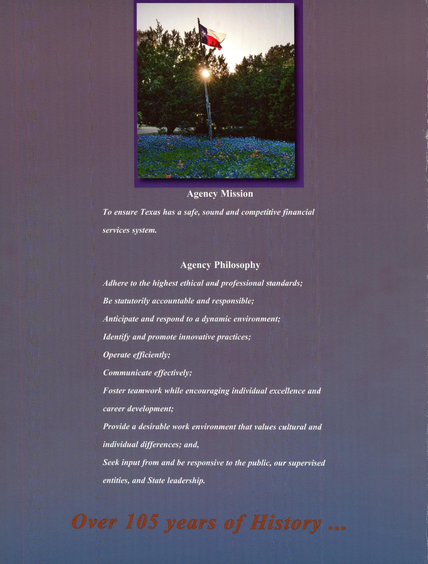 Texas Department of Banking Annual Report: 2011
                                                
                                                    Inside Front Cover
                                                