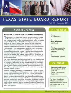 Primary view of object titled 'Texas State Board Report, Volume 125, November 2015'.