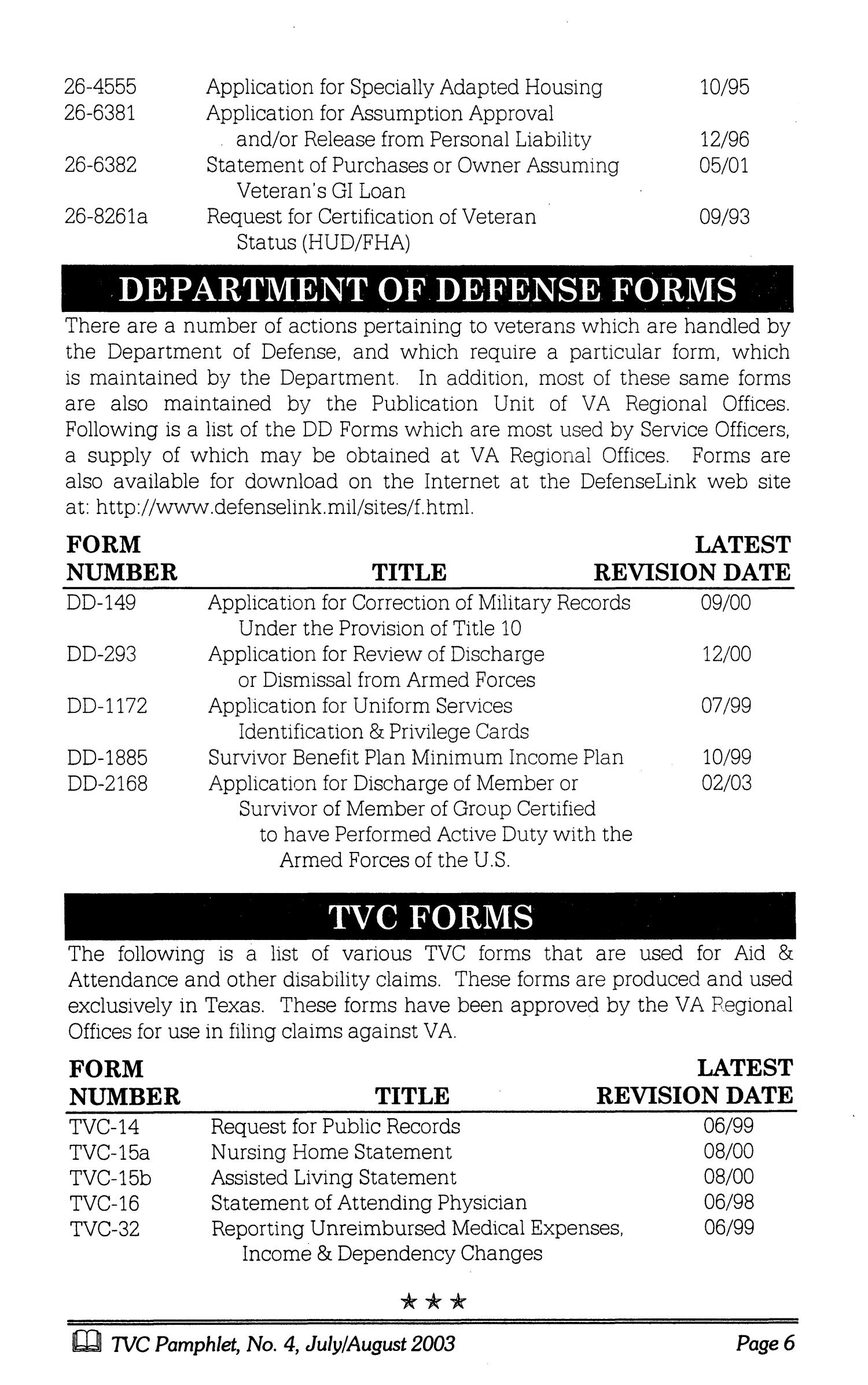 Texas Veterans Commission Pamphlet Number 4 July August 2003 Page Page6 The Portal To Texas History