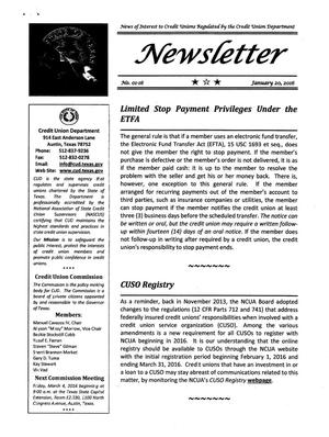 Primary view of object titled 'Credit Union Department Newsletter, Number 01-16, January 2016'.