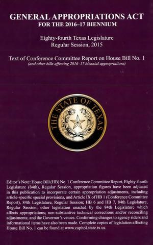 Primary view of object titled 'General Appropriations Act for 2016-17 Biennium'.