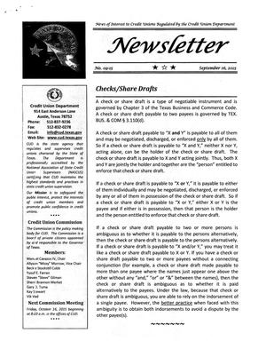 Primary view of object titled 'Credit Union Department Newsletter, Number 09-15, September 2015'.