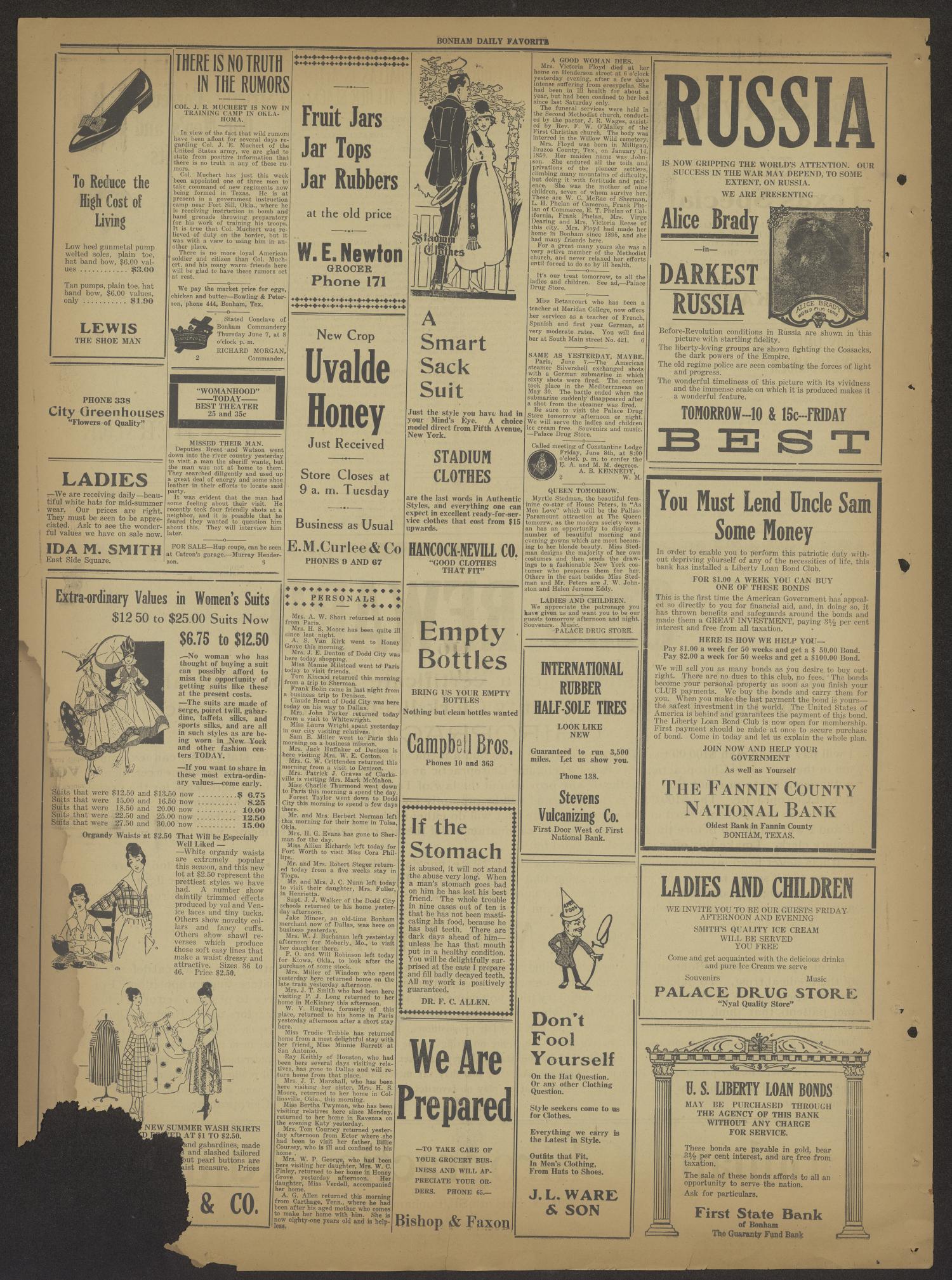 The Bonham Daily Favorite (Bonham, Tex.), Vol. 19, No. 265, Ed. 1 Thursday, June 7, 1917
                                                
                                                    [Sequence #]: 4 of 4
                                                