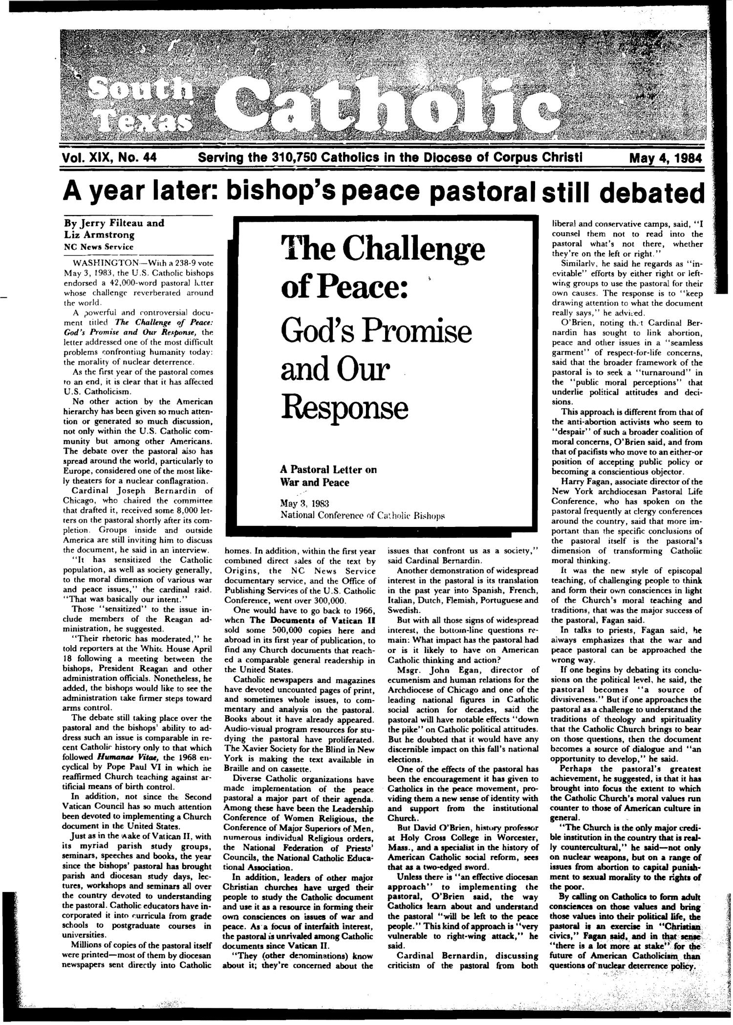 South Texas Catholic (Corpus Christi, Tex.), Vol. 19, No. 44, Ed. 1 Friday, May 4, 1984
                                                
                                                    [Sequence #]: 1 of 16
                                                