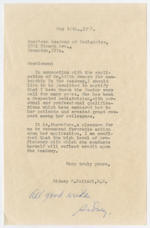 [Letter from Sidney R. Kaliski to the American Academy of Pediatrics, May 16, 1958]