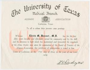 Primary view of object titled '[Certificate from the University of Texas Medical Branch Alumni Association]'.
