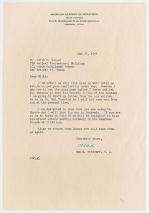 Primary view of object titled '[Letter from Max R. Woodward to Edith M. Bonnet, June 23, 1958]'.