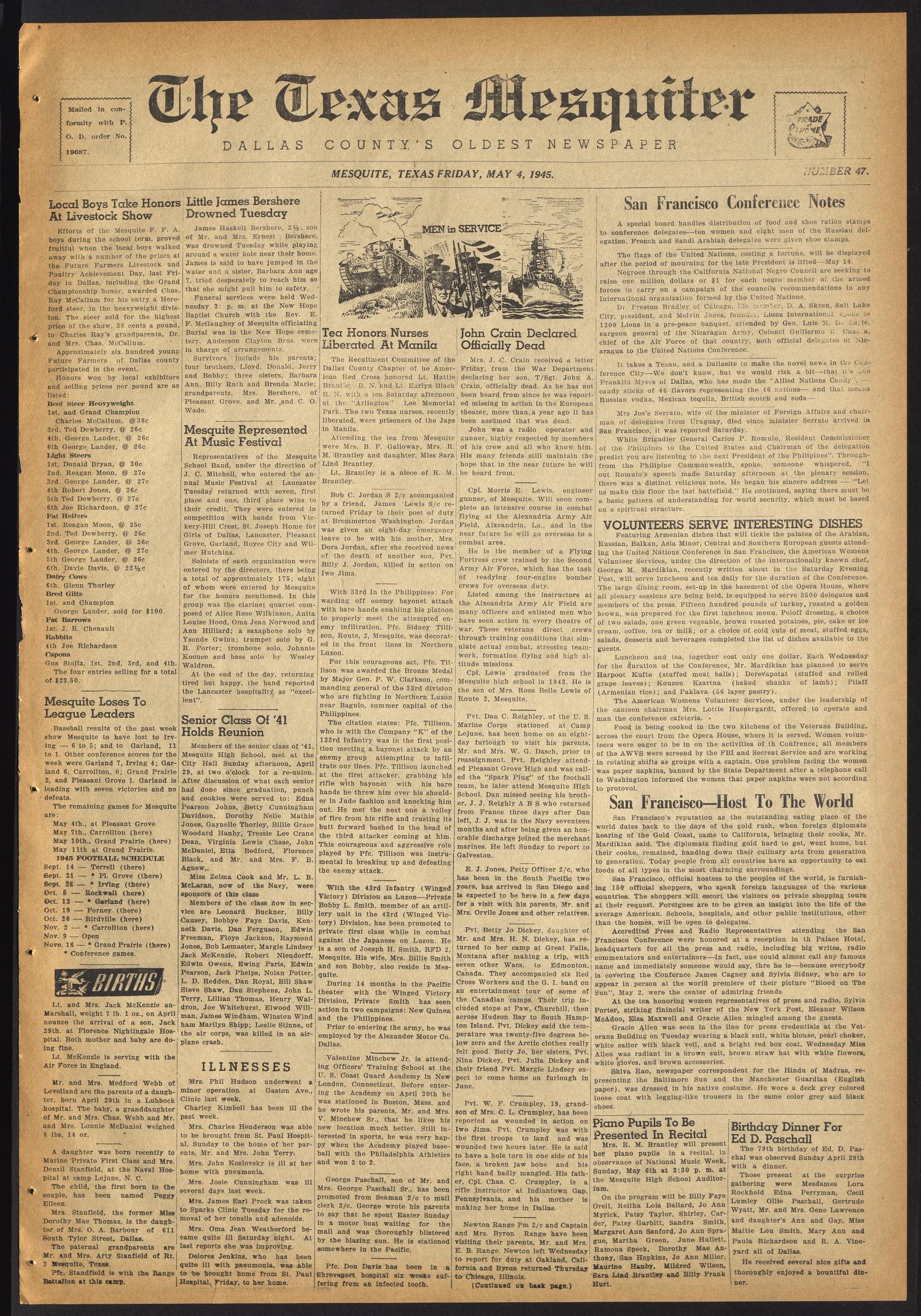 The Texas Mesquiter (Mesquite, Tex.), Vol. [63], No. 47, Ed. 1 Friday, May 4, 1945
                                                
                                                    [Sequence #]: 1 of 4
                                                