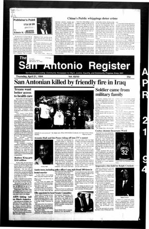 Primary view of object titled 'The San Antonio Register (San Antonio, Tex.), Vol. 62, No. 50, Ed. 1 Thursday, April 21, 1994'.