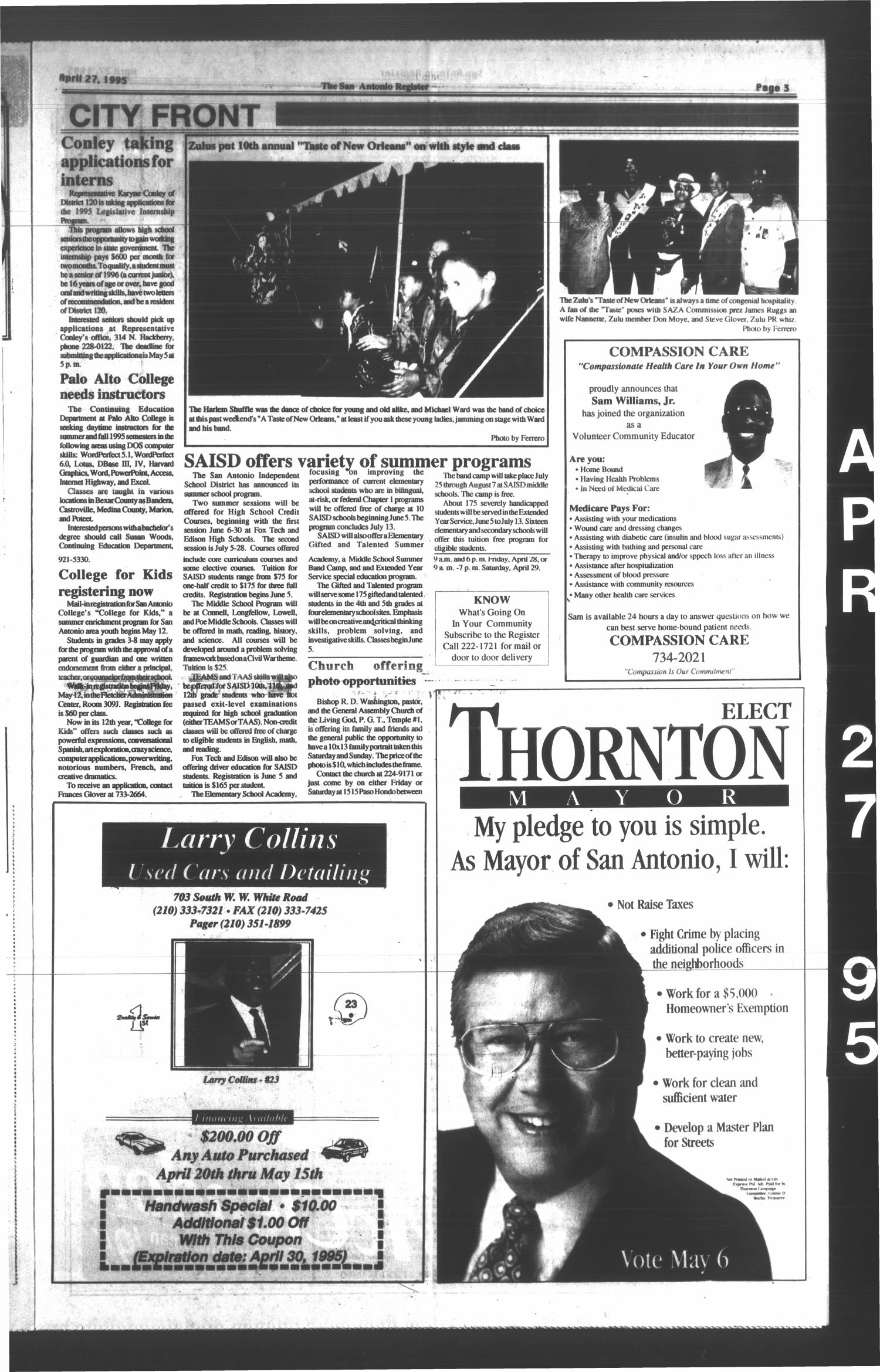 San Antonio Register (San Antonio, Tex.), Vol. 63, No. 48, Ed. 1 Thursday, April 27, 1995
                                                
                                                    [Sequence #]: 3 of 10
                                                