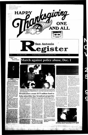 Primary view of object titled 'San Antonio Register (San Antonio, Tex.), Vol. 68, No. 23, Ed. 1 Thursday, November 25, 1999'.