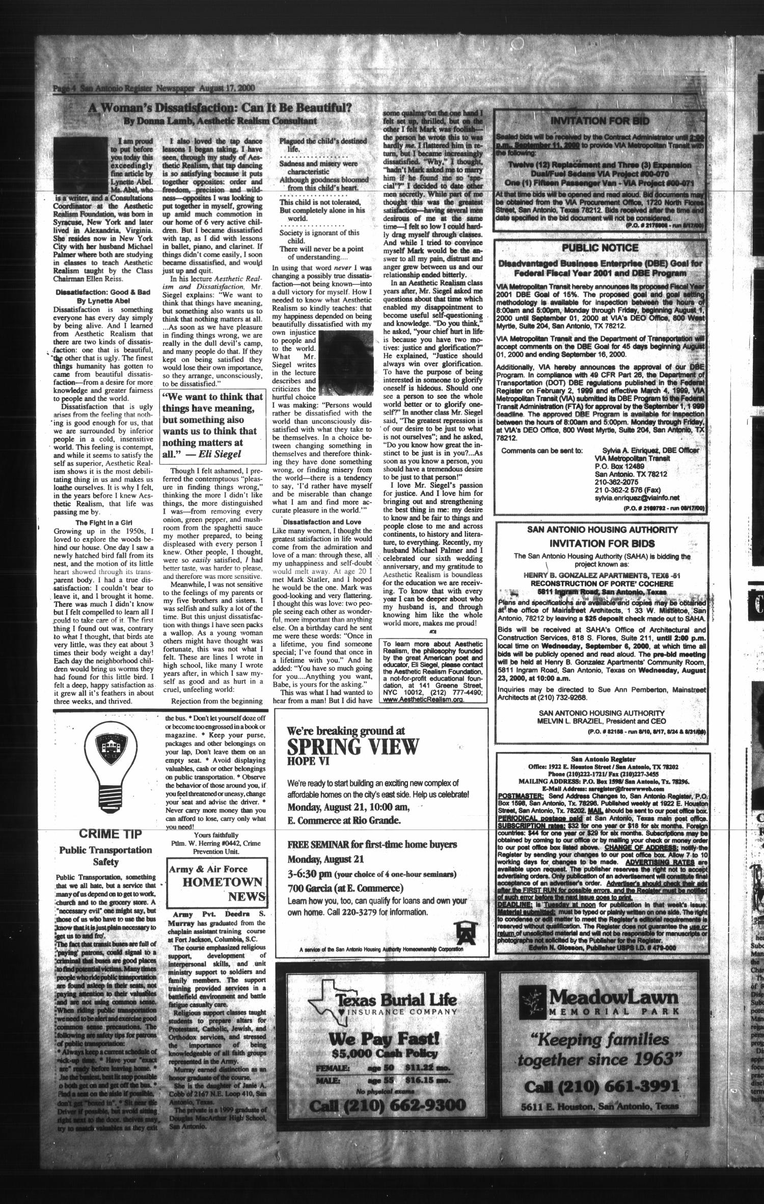 San Antonio Register (San Antonio, Tex.), Vol. 69, No. 9, Ed. 1 Thursday, August 17, 2000
                                                
                                                    [Sequence #]: 4 of 12
                                                